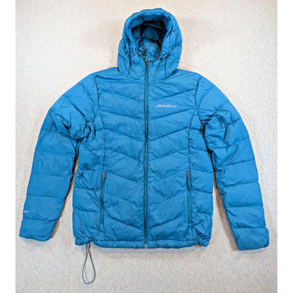 Eddie Bauer EB650 Women's M Blue Hooded Down Puffer Jacket Full Zip Zip Pockets